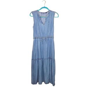 Lands End Summer Maxi Dress Womens Size Small - Blue Sleeveless Tiered V-Neck